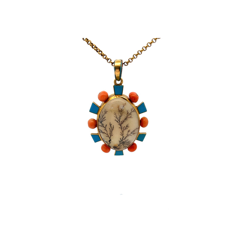 Antique Moss Agate and Coral Pendant Necklace