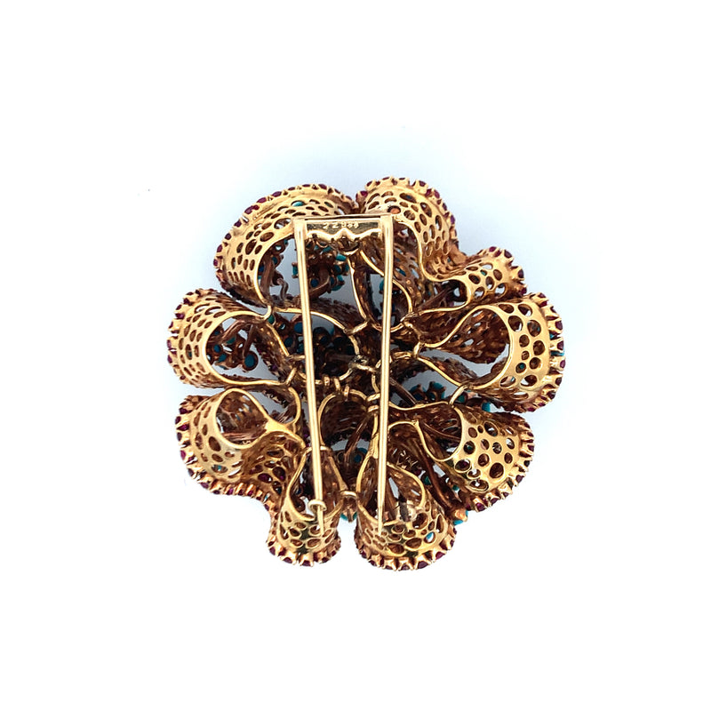 Large Size Cartier Turquoise Brooch with Rubies and Diamonds