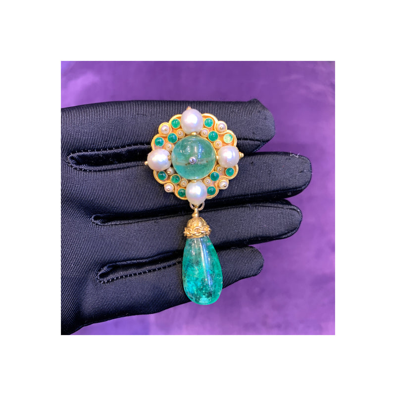 Antique Emerald Pearl and Enamel Brooch