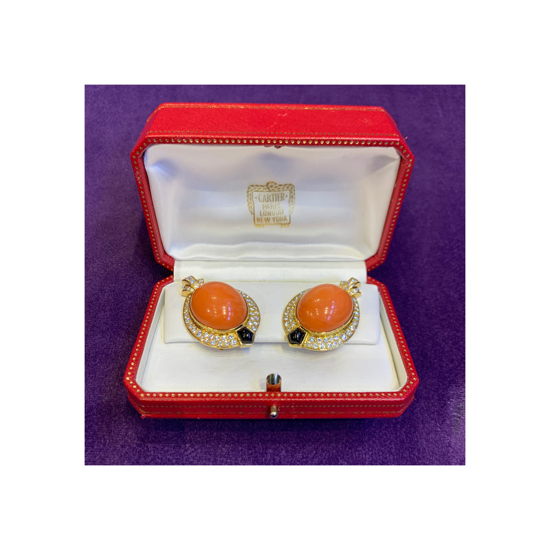 Cartier Egyptian Revival Coral Diamond & Onyx Earrings