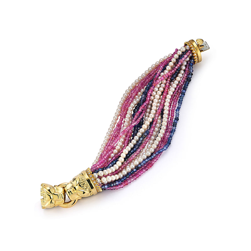 Multi Strand Pearl, Ruby & sapphire Lion Head Bracelet