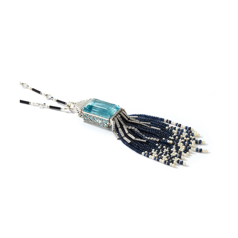 118 Carat Aquamarine and Sapphire Tassel Sautoir Length Necklace