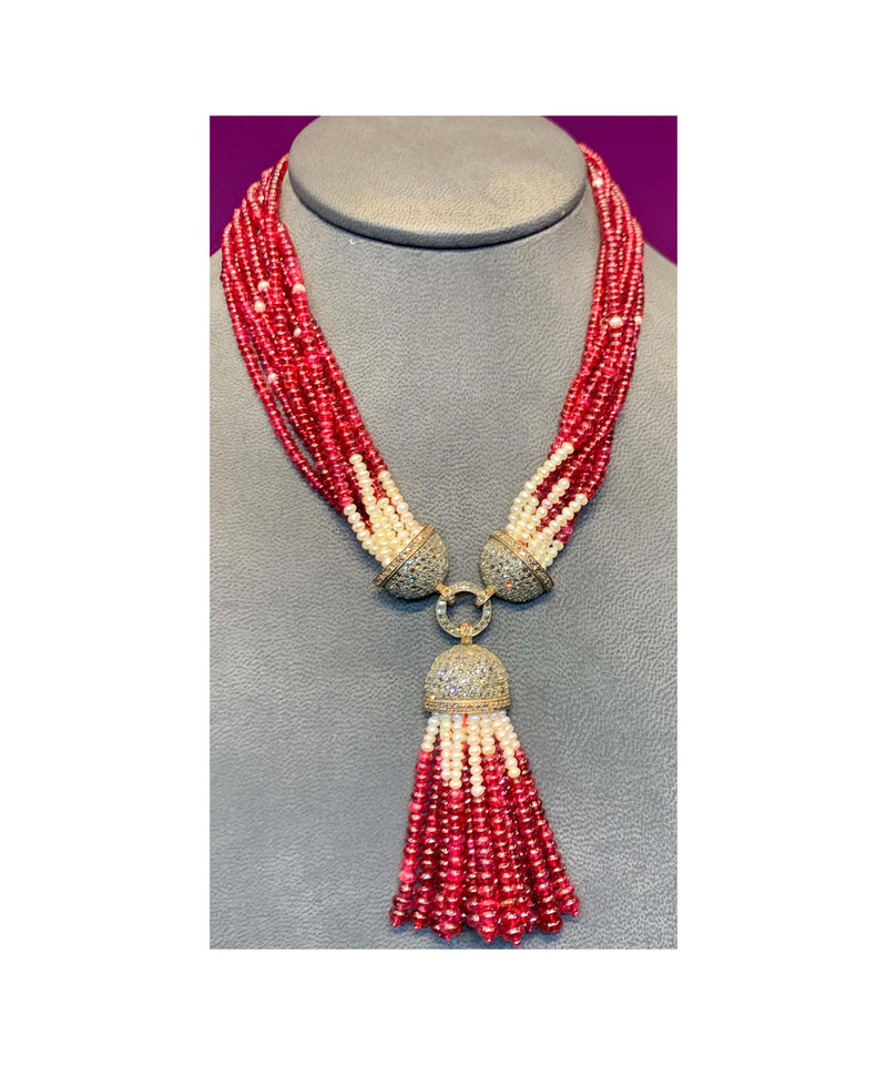 Spinel, Pearl and Diamond Multi Strand Tassel Necklace