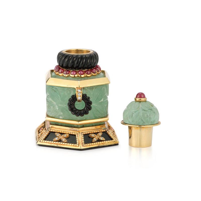Carved Emerald Perfume Bottle Flask by Mappin and Webb