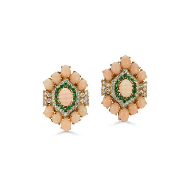 David Webb Angel Skin Coral and Emerald Earrings and Ring Set
