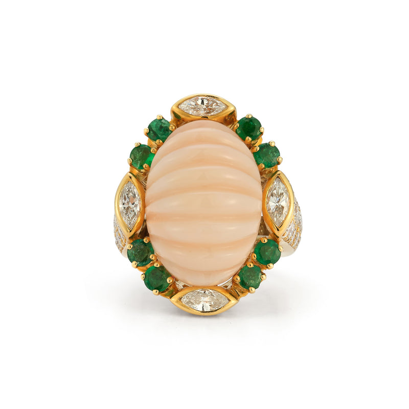 David Webb Angel Skin Coral and Emerald Earrings and Ring Set