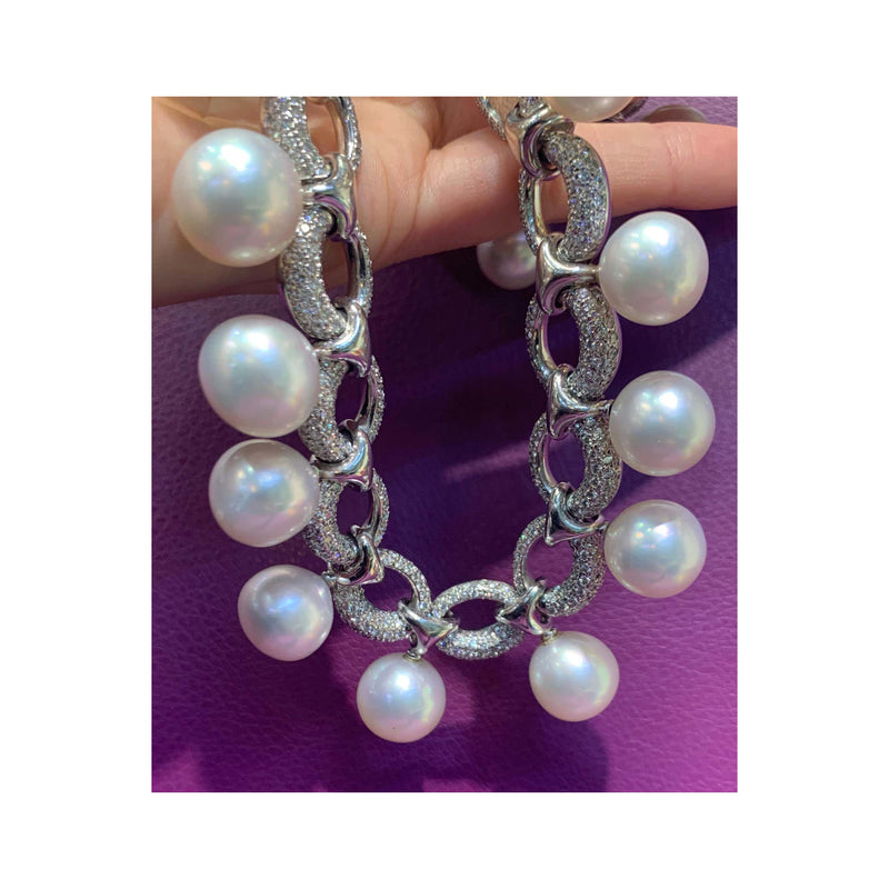Important Cultured Pearl and Diamond Link Necklace