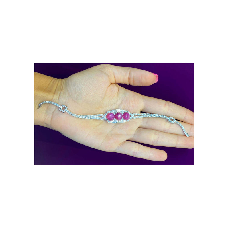 AGL Certified Cabochon Star Pink Sapphire and Diamond Art Deco Bracelet