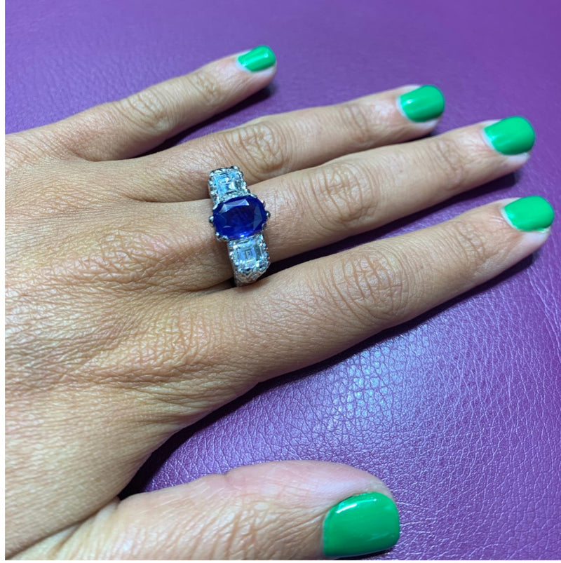 AGL Certified Sapphire and Diamond Three-Stone Art Deco Ring