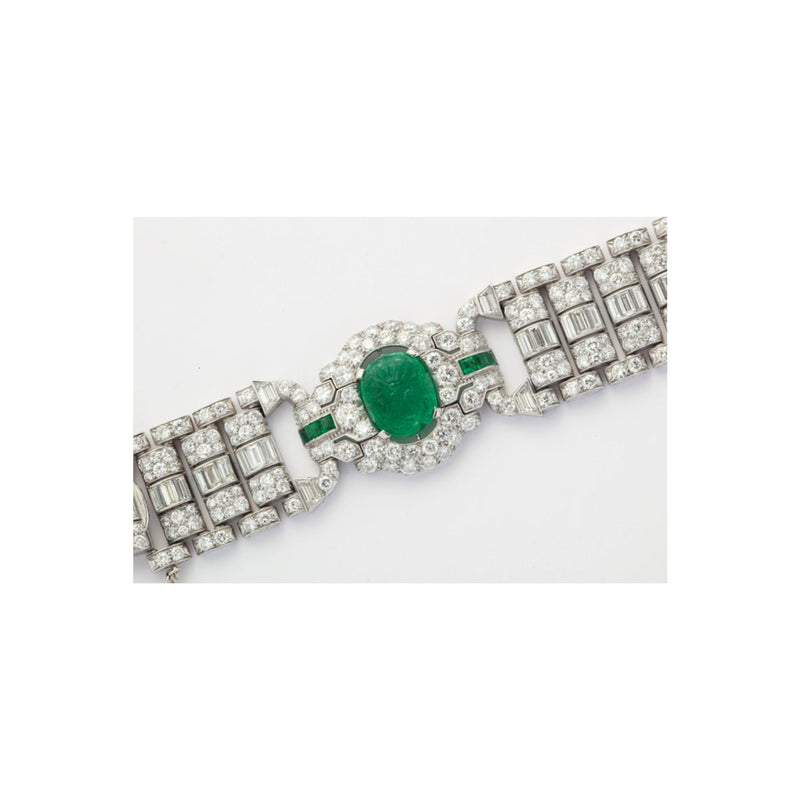 Art Deco Carved Emerald and Diamond Bracelet