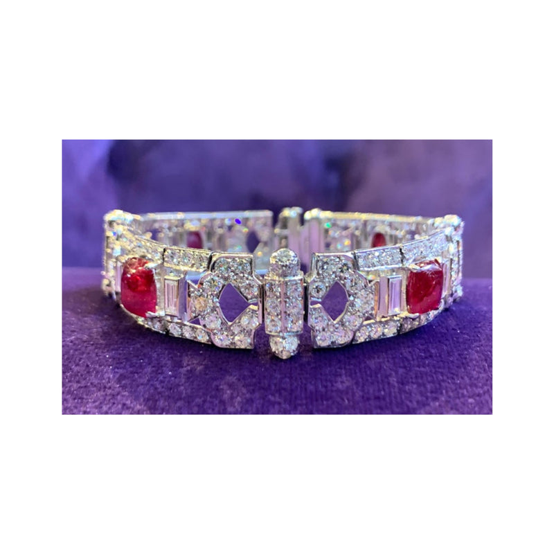 Certified Natural Cabochon Burmese Ruby and Diamond Art Deco Bracelet