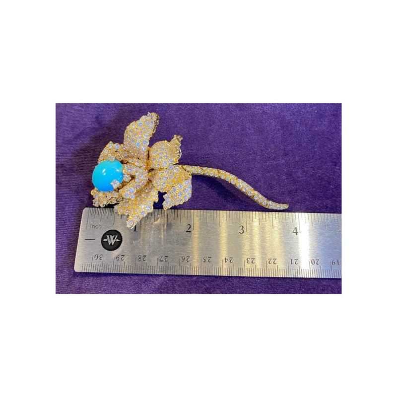 Cabochon Turquoise & Diamond Flower Brooch
