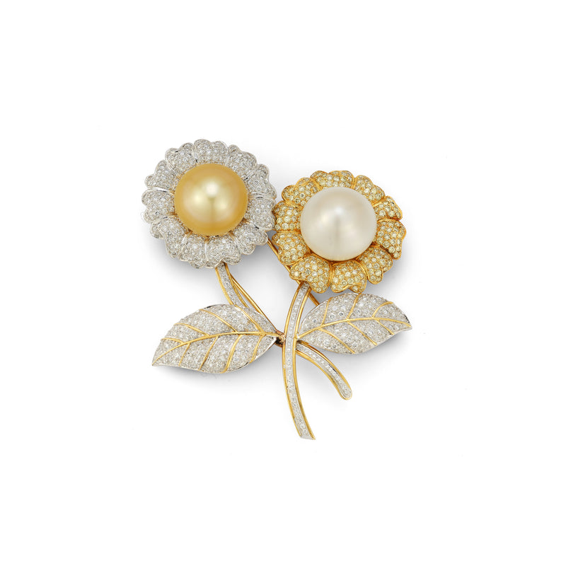 Pearl & Pave Diamond Double Flower Brooch