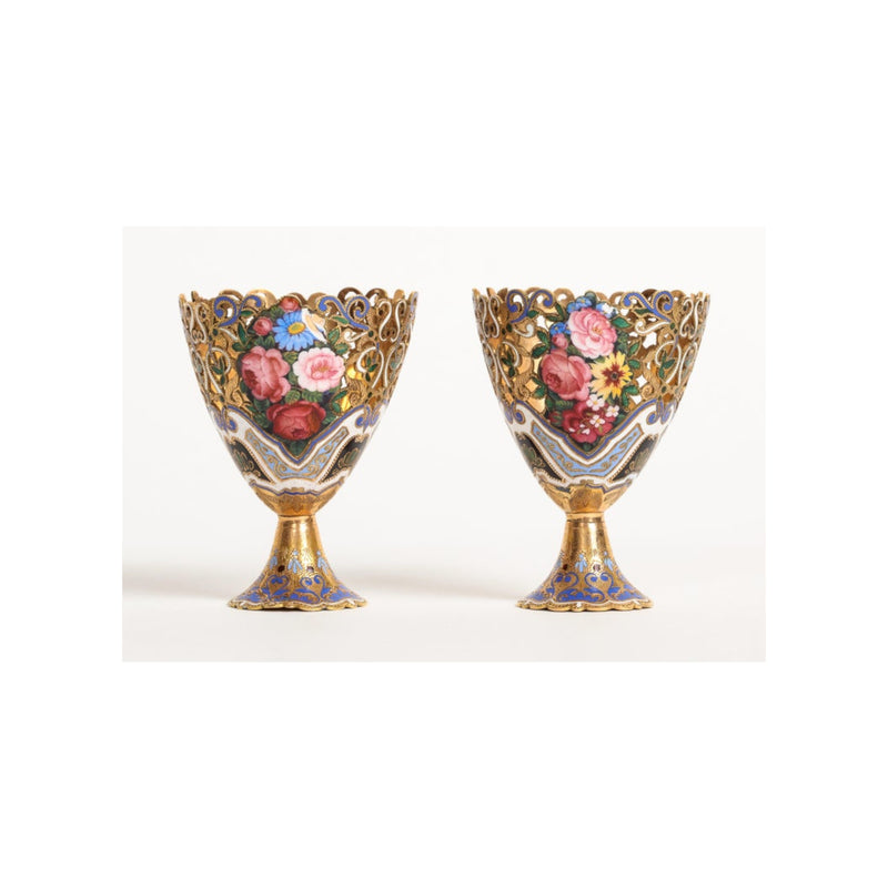 Museum Quality Pair of Gold and Enamel Zarfs