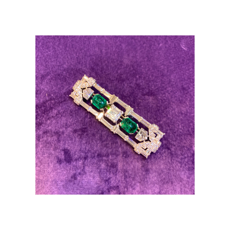 Art Deco Certified Cabochon Emerald & Diamond Brooch