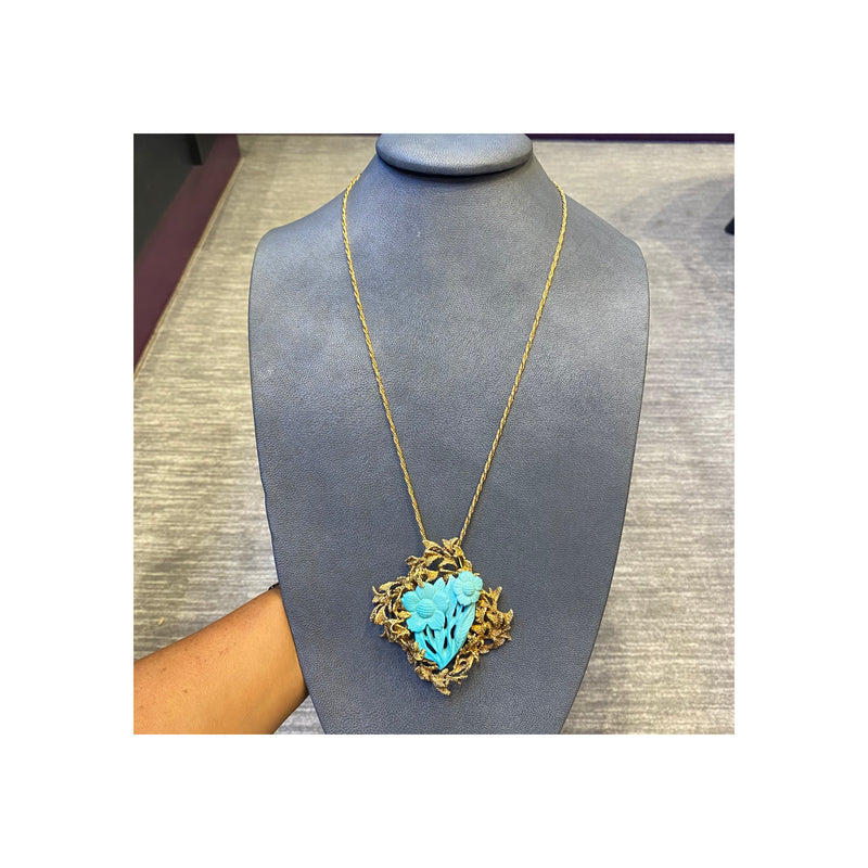 Carved turquoise Flower Pendant Necklace