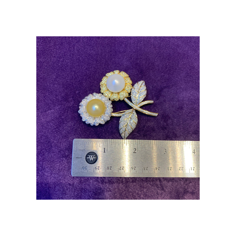 Pearl & Pave Diamond Double Flower Brooch