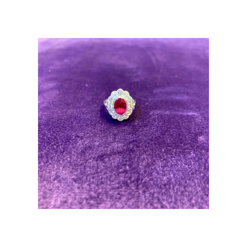 Oval Cut Rubellite & Diamond Flower Ring