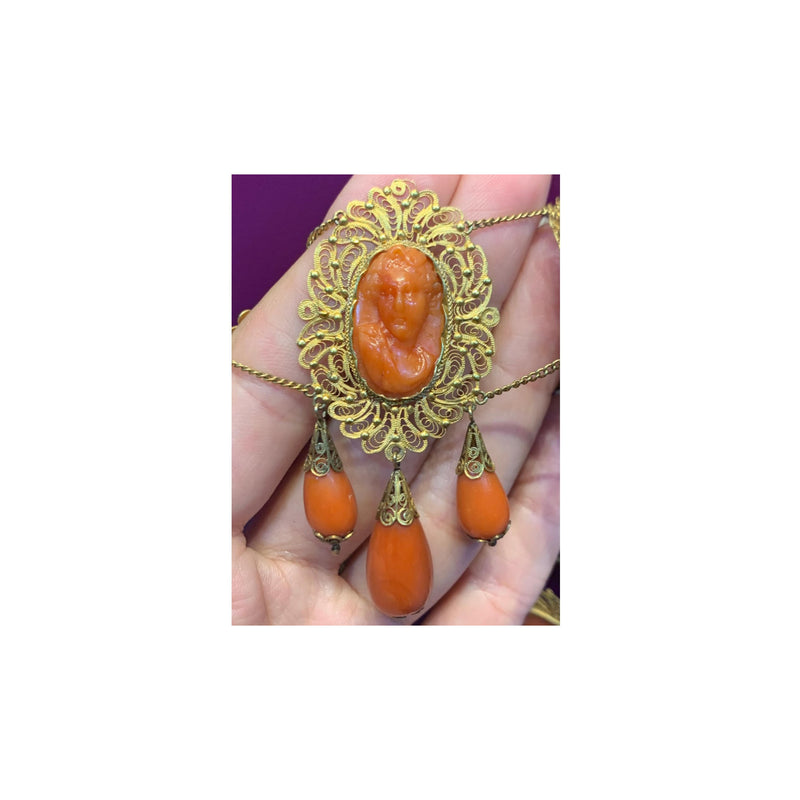 Victorian Coral and Gold Cameo Drop Necklace