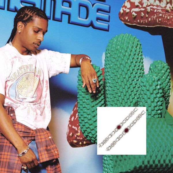 A$AP Rocky wears vintage rubellite bracelets from Joseph Saidian and Sons while announcing his new home décor line Gufram at Design Miami 2022