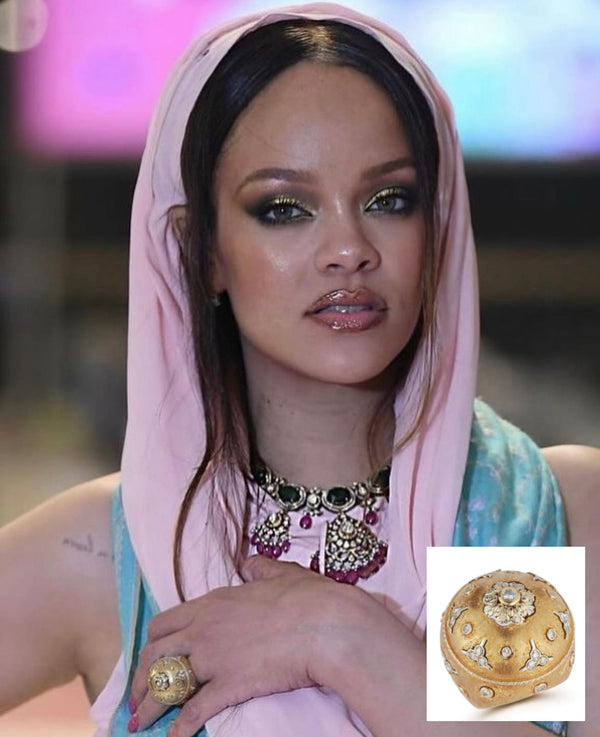 Rihanna Wears Joseph Saidian and Sons Vintage Gold and Diamond Ring after her performance for Theanant Ambani and Radhika Merchant wedding