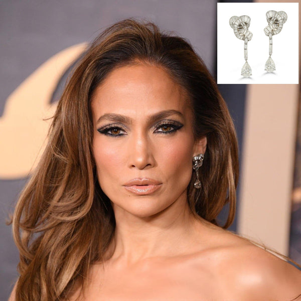 Jennifer Lopez wears vintage Van Cleef and Arpel diamond earrings from Joseph Saidian and Sons at the "This is Me…Now: A Love Story” Premiere in Los Angeles