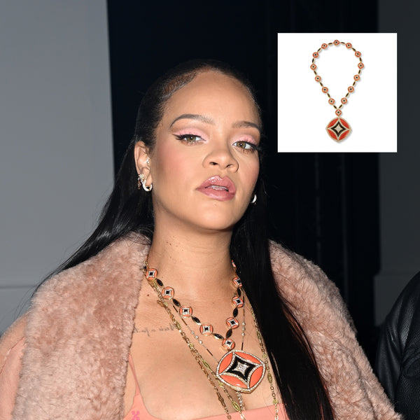 Rihanna wears a Kutchinsky Coral and Onyx Necklace from Joseph Saidian and Sons at the Off White Fashion Show in Paris