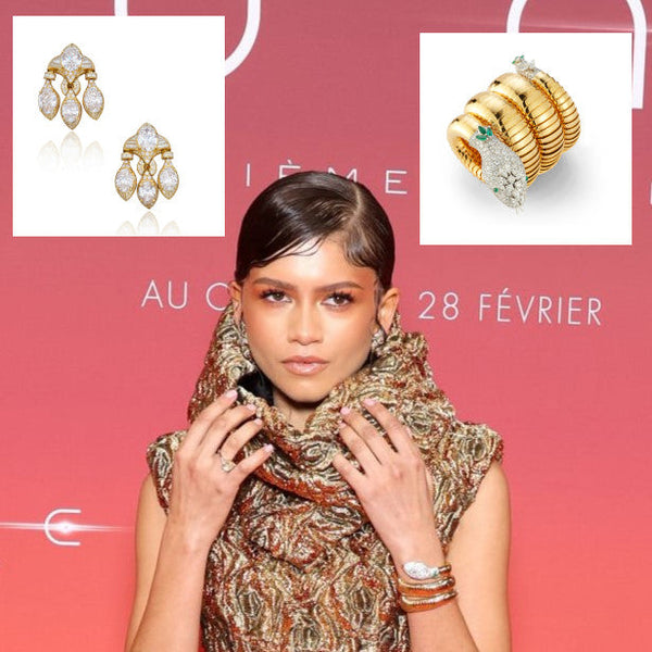 Zendaya wears vintage Bvlgari jewelry from Joseph Saidian and Sons at the 'Dune 2" premiere in Paris
