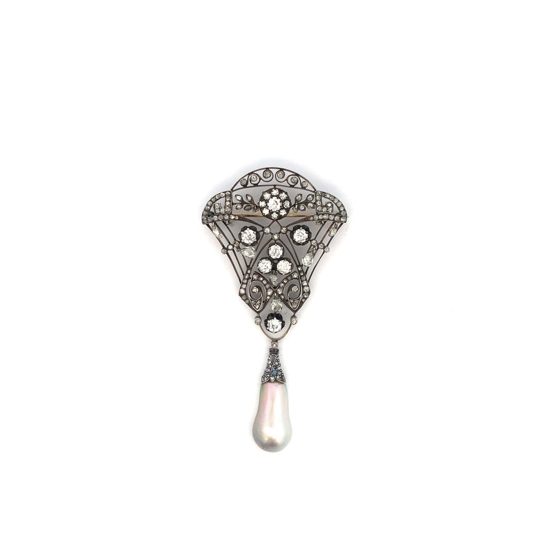 Antique Russian Natural Saltwater Pearl and Diamond Brooch