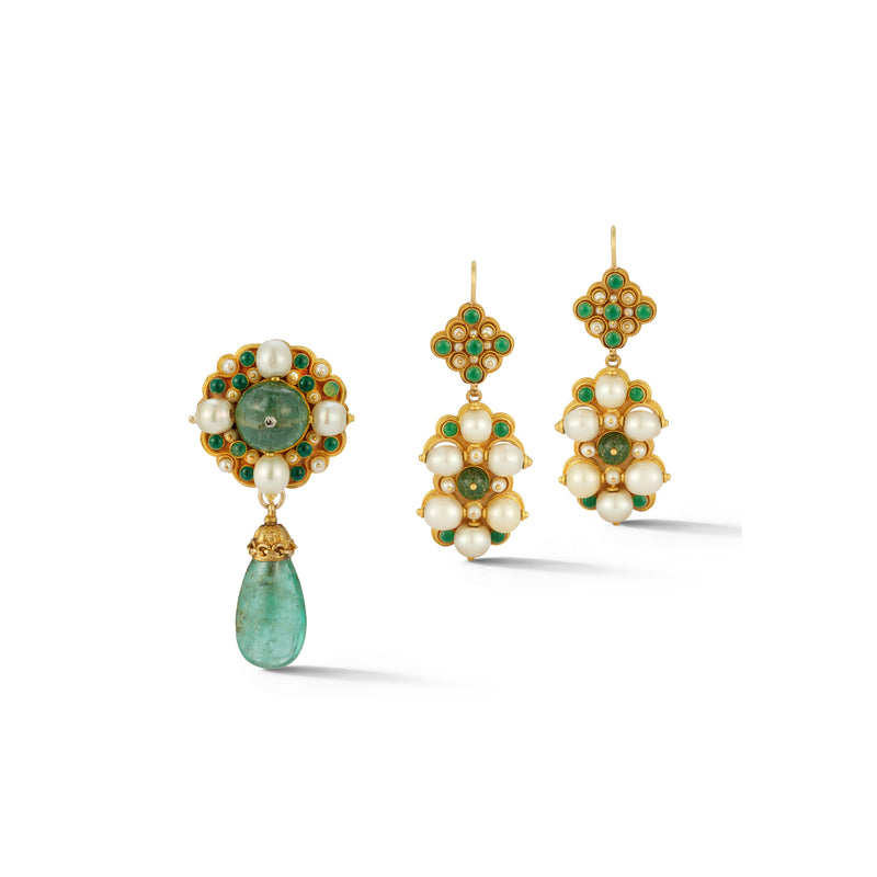 Antique Emerald Pearl and Enamel Brooch & Earrings Set