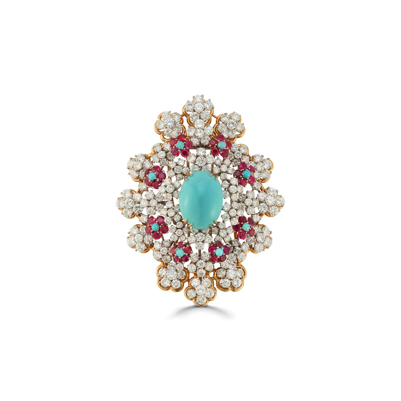 David Webb Turquoise and Ruby Brooch