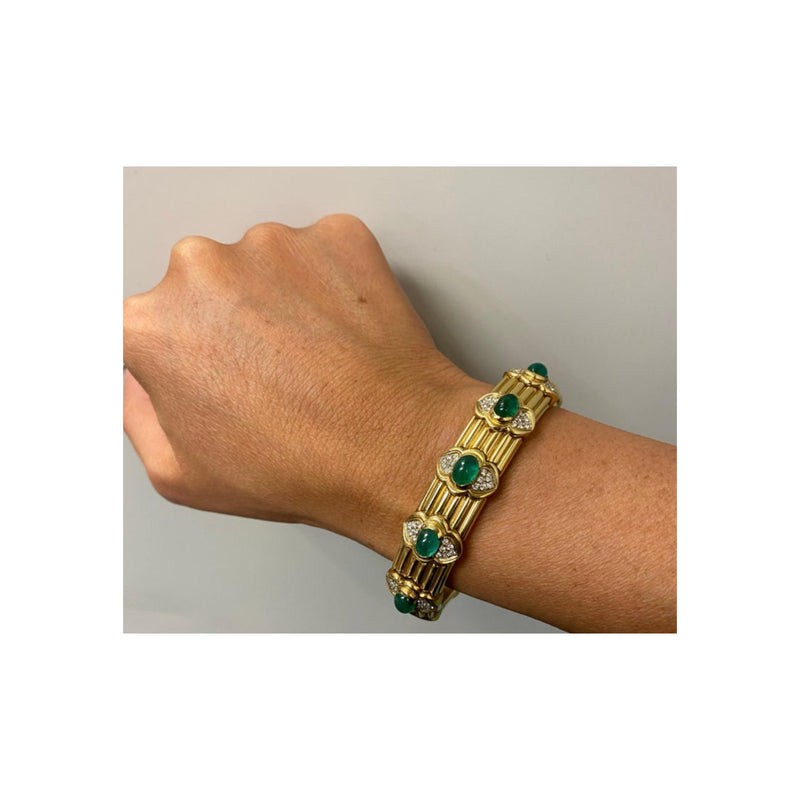 Cabochon Emerald & Diamond Gold Bangle Bracelet