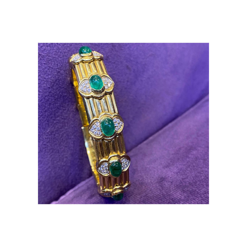 Cabochon Emerald & Diamond Gold Bangle Bracelet