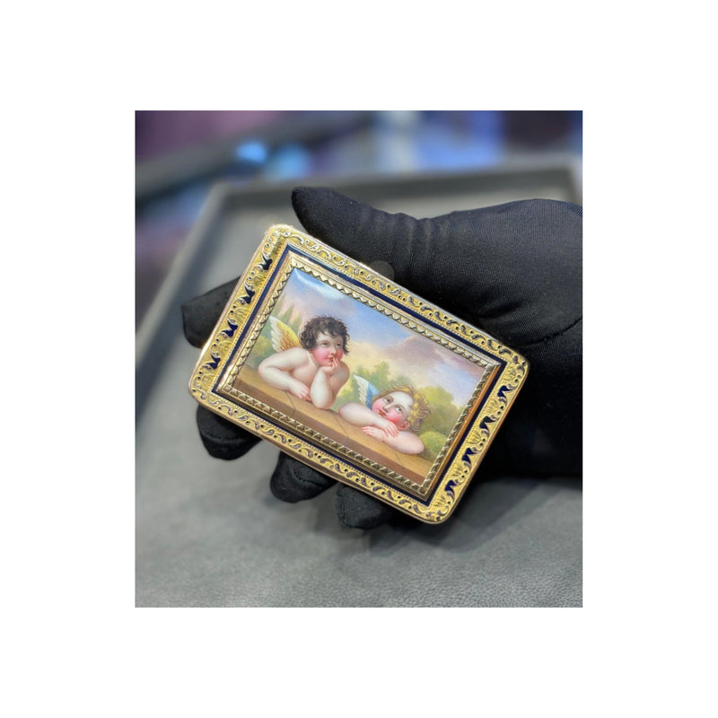 Antique Gold & Enamel Cupid Motif Snuff Box