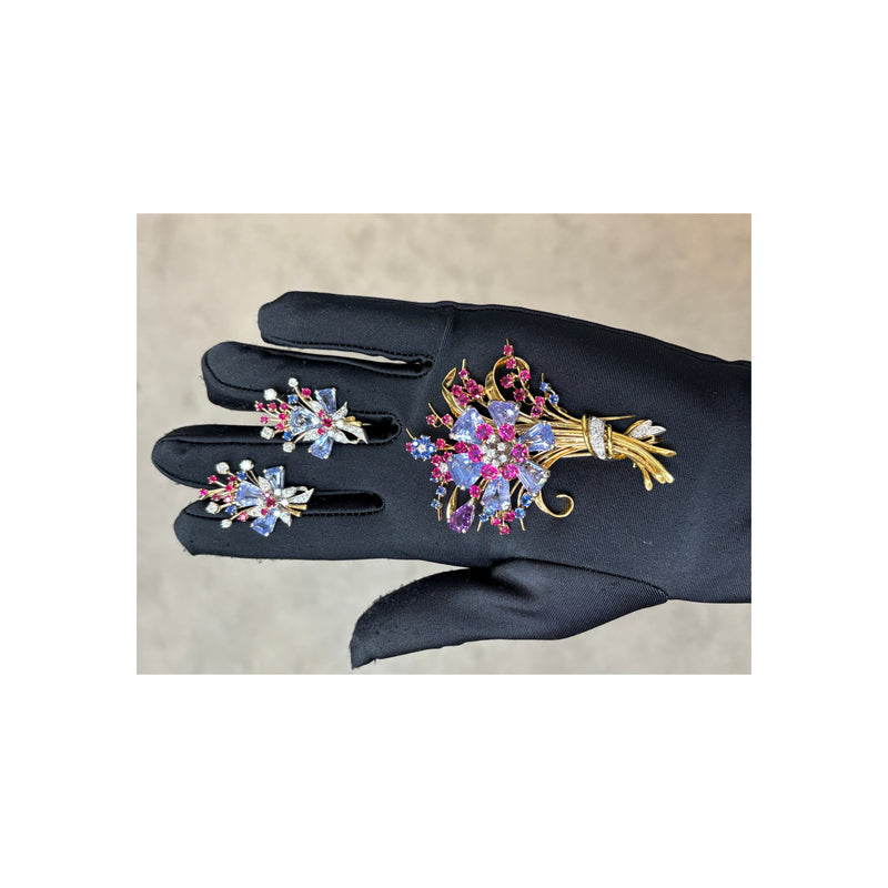 Tiffany & Co Multi Gem Flowers Earrings and Brooch Set