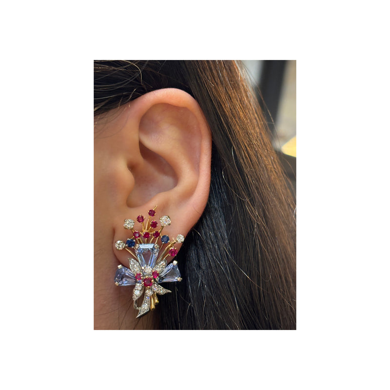 Tiffany & Co Multi Gem Flowers Earrings and Brooch Set