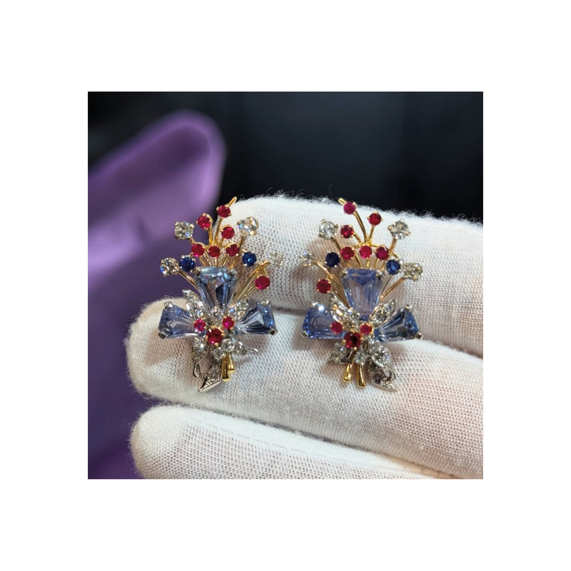 Tiffany & Co Multi Gem Flowers Earrings and Brooch Set
