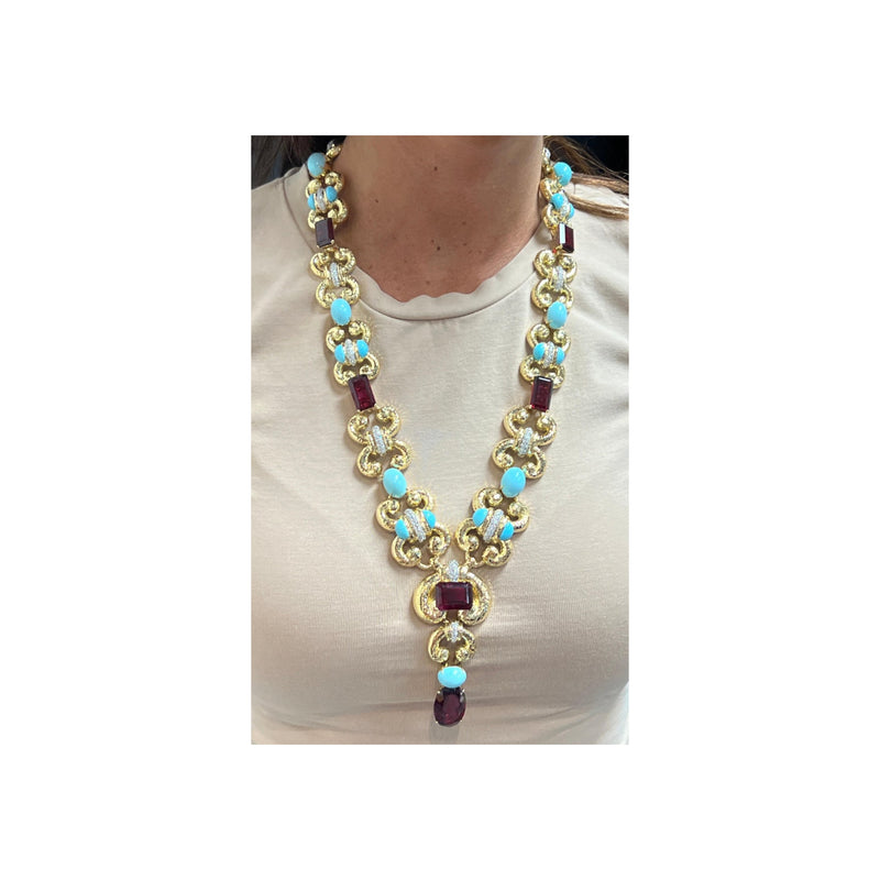 David Webb Rubellite &amp; Turquoise Diamond Necklace &amp; Earrings Set