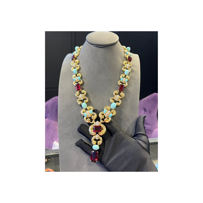 David Webb Rubellite &amp; Turquoise Diamond Necklace &amp; Earrings Set