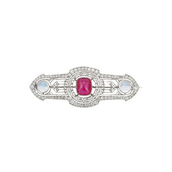 Art Deco Unheated Ruby and Moonstone Brooch