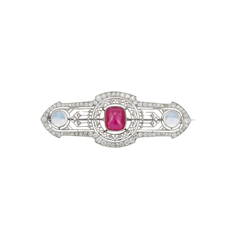 Art Deco Unheated Ruby and Moonstone Brooch