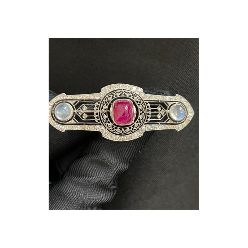 Art Deco Unheated Ruby and Moonstone Brooch