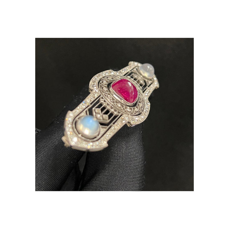 Art Deco Unheated Ruby and Moonstone Brooch