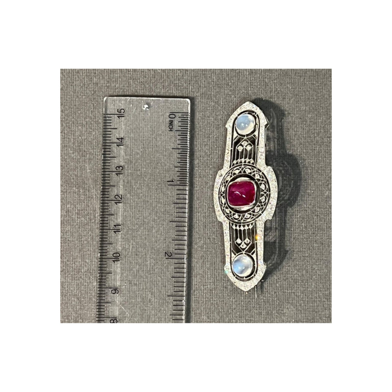 Art Deco Unheated Ruby and Moonstone Brooch