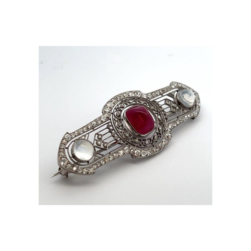 Art Deco Unheated Ruby and Moonstone Brooch