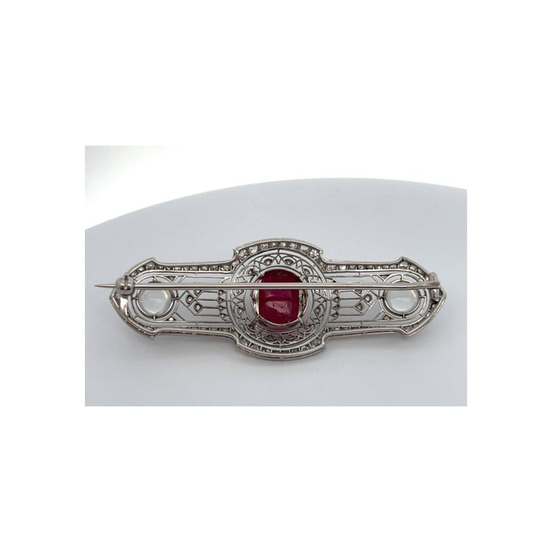 Art Deco Unheated Ruby and Moonstone Brooch