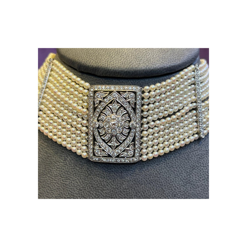 Multi Strand Pearl & Diamond Choker Necklace