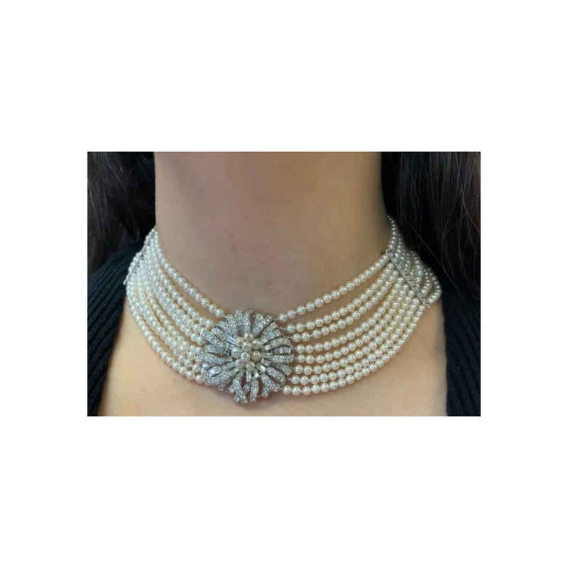 Multi Strand Pearl & Diamond Choker Necklace