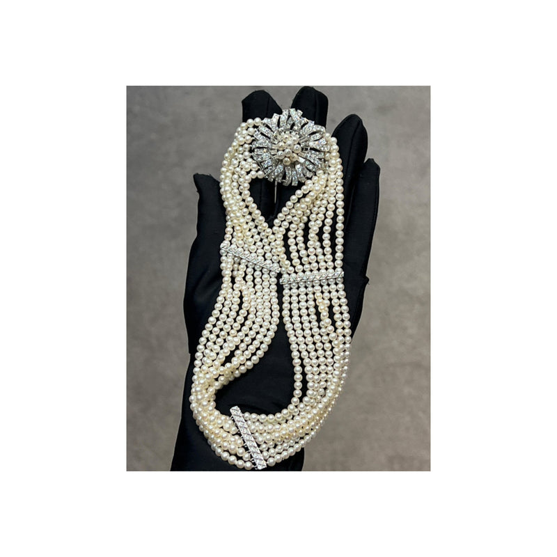 Multi Strand Pearl & Diamond Choker Necklace