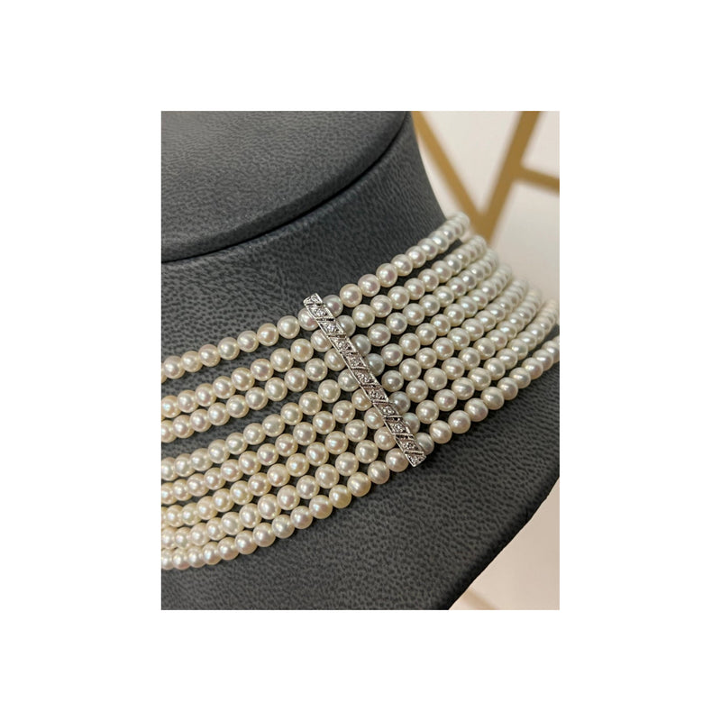 Multi Strand Pearl & Diamond Choker Necklace